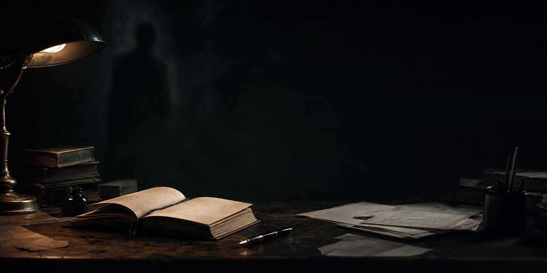 A dark writing desk with an open book, pen, scattered pages, and a faint shadowed presence.